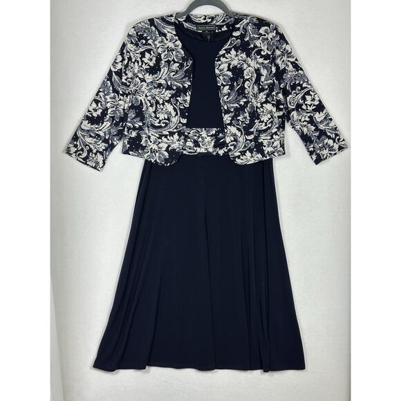 Jessica Howard Dress Size 12P Navy White Floral Embellished MOB Guest Formal 2PC - Picture 1 of 9